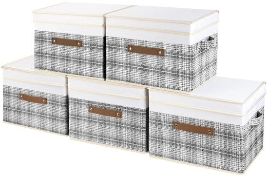 Set di 5 contenitori opvougbili in poliestere di alta qualità - 38x25x25 cm - Disegno patchwork - Sostenibile - Cassetti di archiviazione