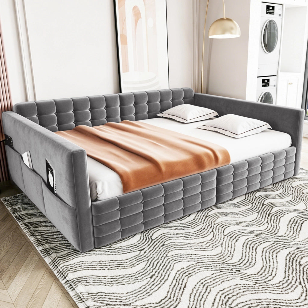 Letto imbottito 140x190 cm in velluto grigio con cassetti e tasche laterali