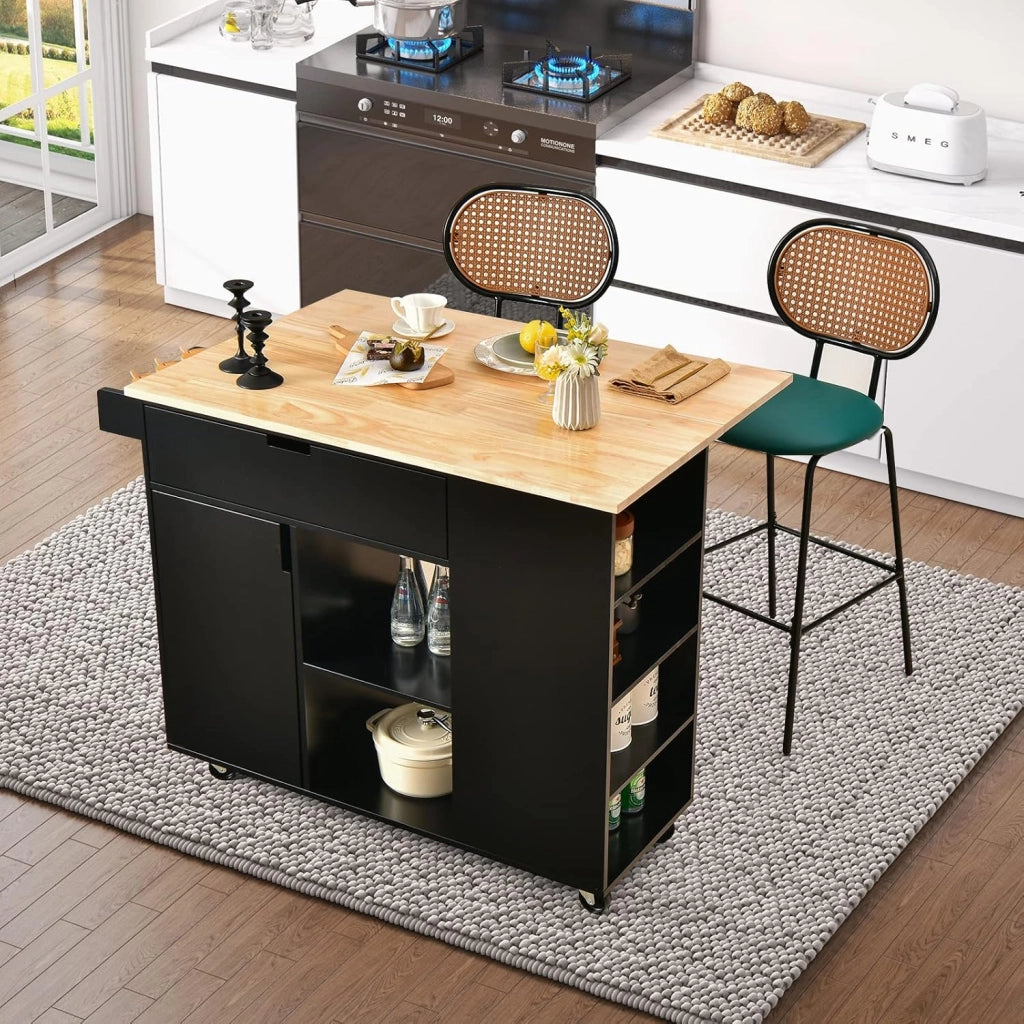 Carrello da cucina con isola, carrelli di servizio rotabili in legno con lama, cassetto, portasciugamani e porta spezie, multiuso con ruote, per cucina e sala da pranzo