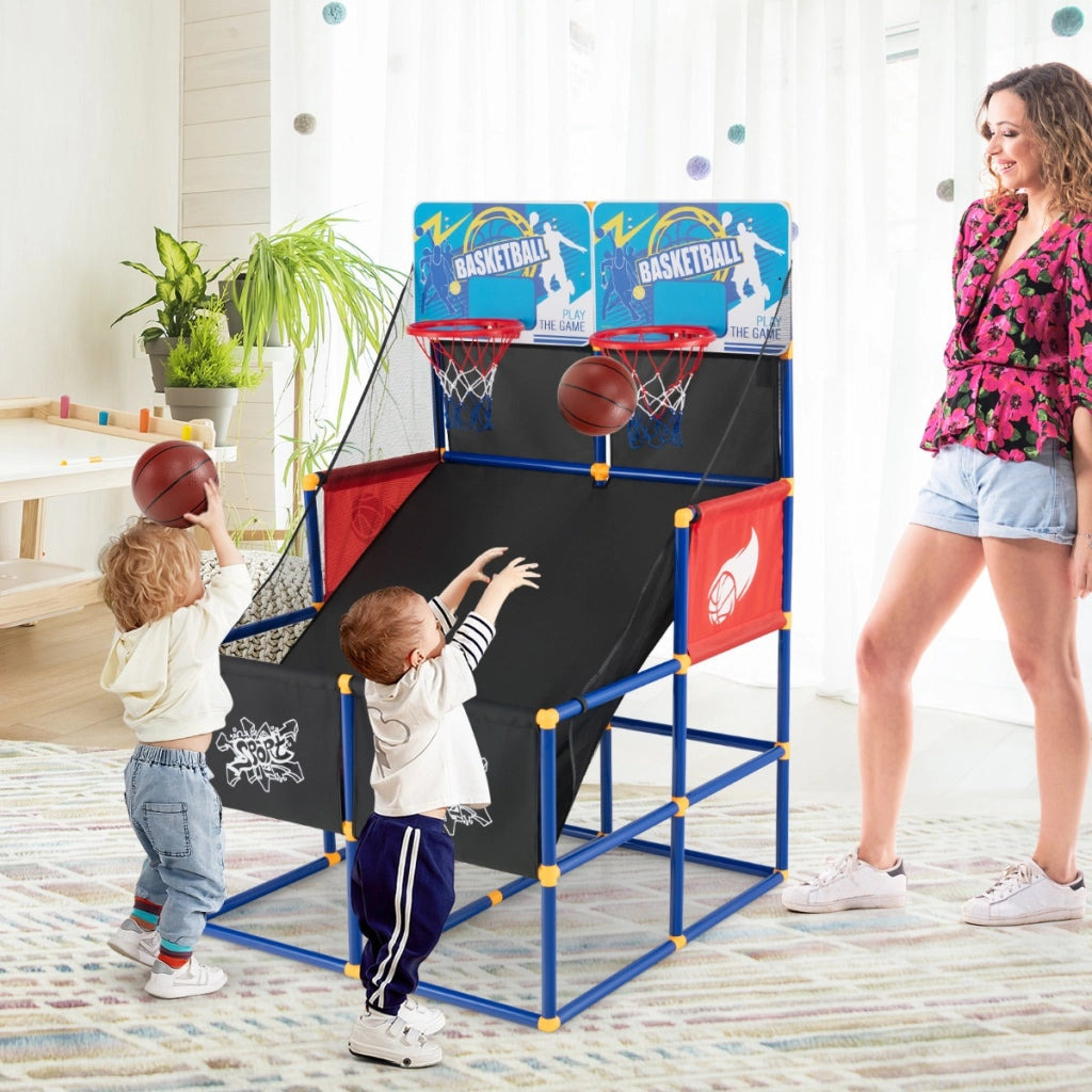 Gioco arcade di pallacanestro con 4 palline e pompa di gonfiaggio, Pallacanestro a doppio tiro per bambini-Giocattoli sportivi