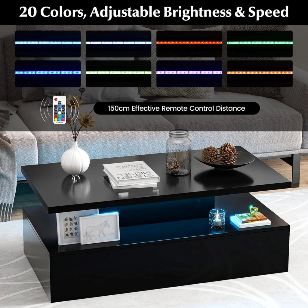 Tavolino da salotto con illuminazione dinamica a LED, tavolino da tè con colori di luce e luminosità regolabili, lucido, moderno tavolino a 2 livelli, 110 x 60 x 40 cm