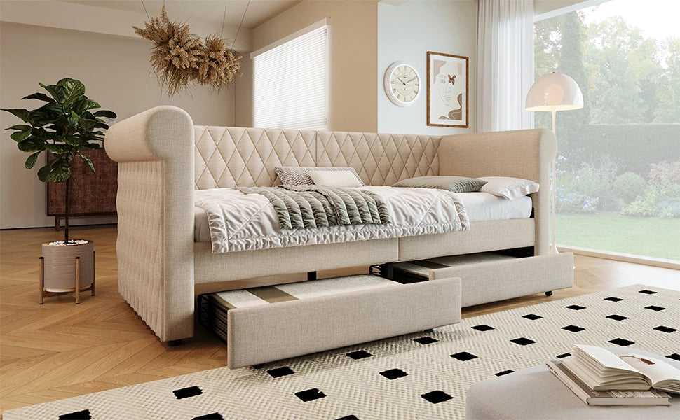 DESMIU Divano letto 90 × 200 cm 1 posto con 2 cassetti, schienale e braccioli arrotondati, senza materasso, in lino beige