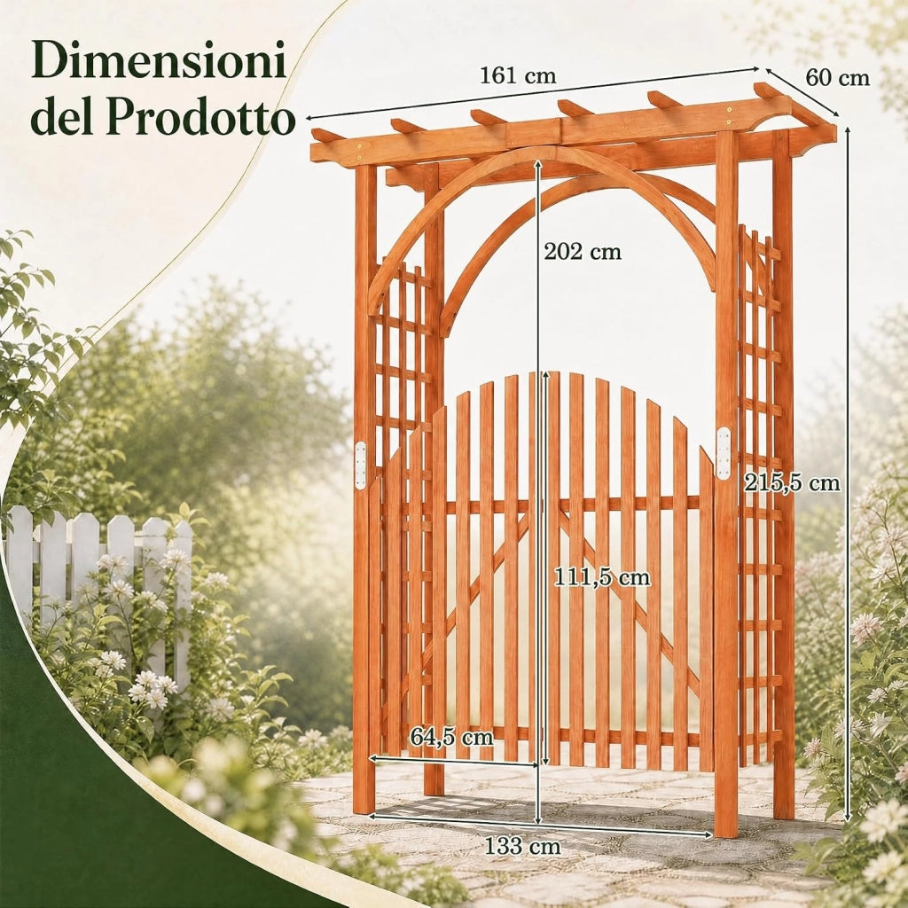 Arco da Giardino in Legno Abete, Pergola per Piante Rampicanti | con Cancello e Serratura, Pergolato Decorativo da Esterno per Matrimonio, Cerimonia e Festa, 161 x 60 x 216 cm