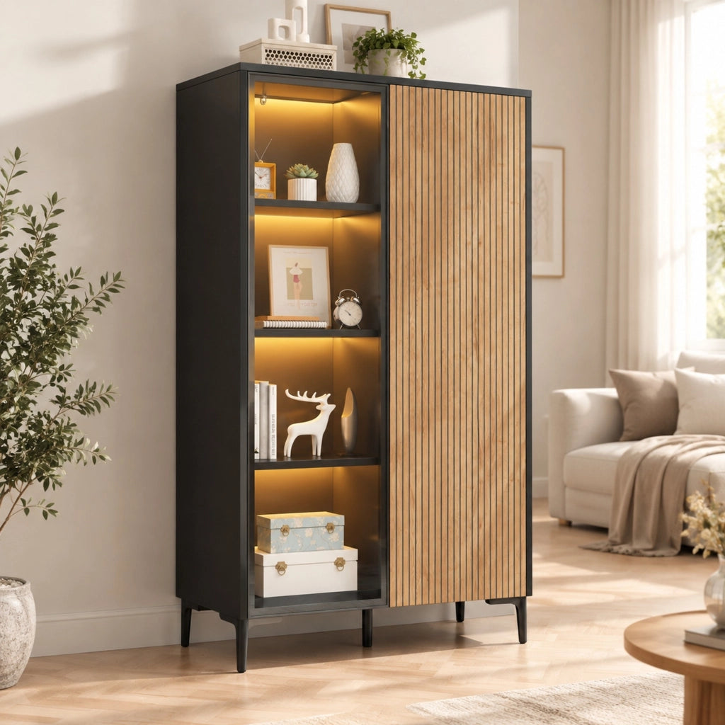 Vetrina 90x40x135 cm in MDF nera e legno con LED e 8 vani –