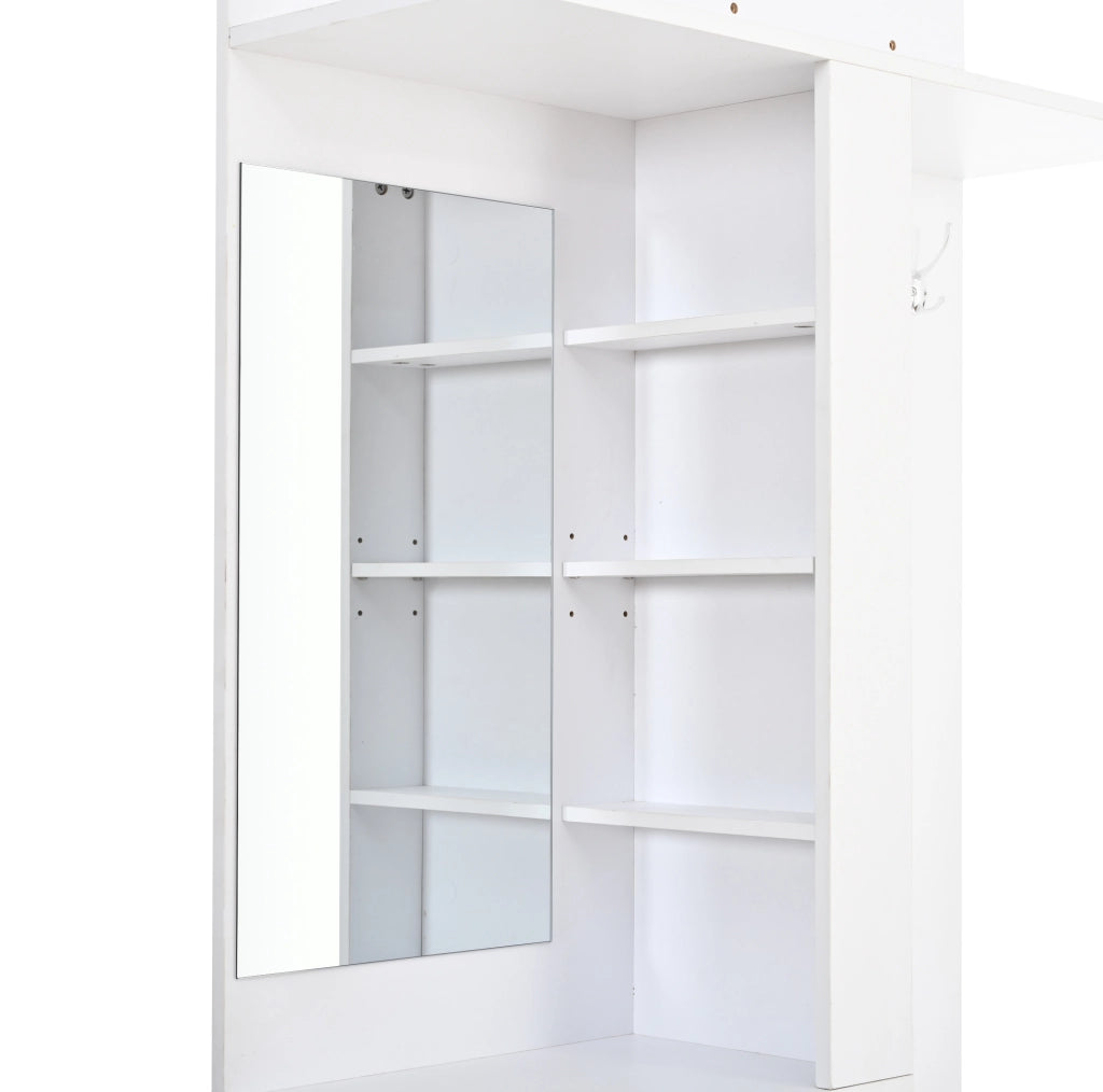 Garderoba 90x30x180 cm con specchio; ripiani pieghevoli e ganci in MDF bianco