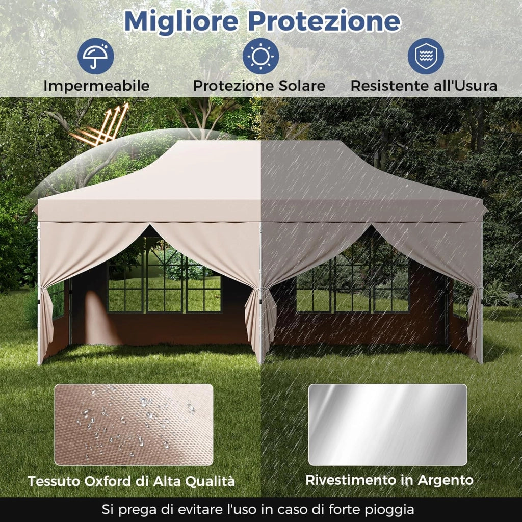 Gazebo da Giardino 3 x 6 m, Tendone per Feste con 6 Pannelli Laterali Rimovibili, con Borsa da Trasporto, Design Pop-up, per Matrimonio Eventi e Barbecue (Beige)