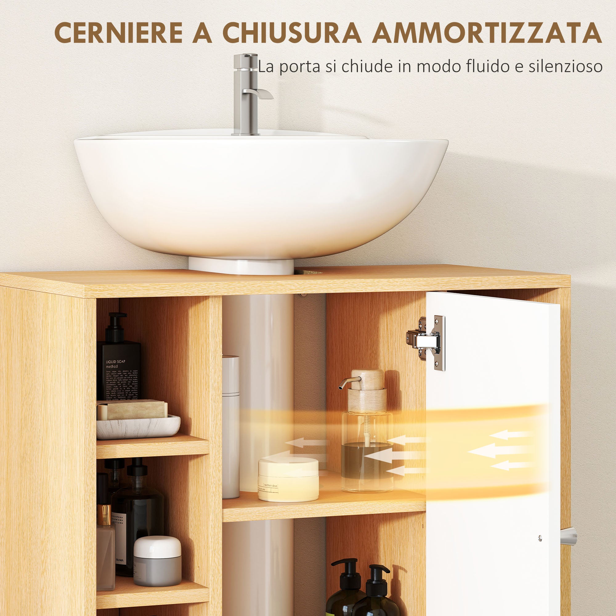 Mobile Sottolavabo Bagno 60x33x57cm con Armadietto a 2 Ante Soft-Close e 6 Ripiani Aperti Bianco