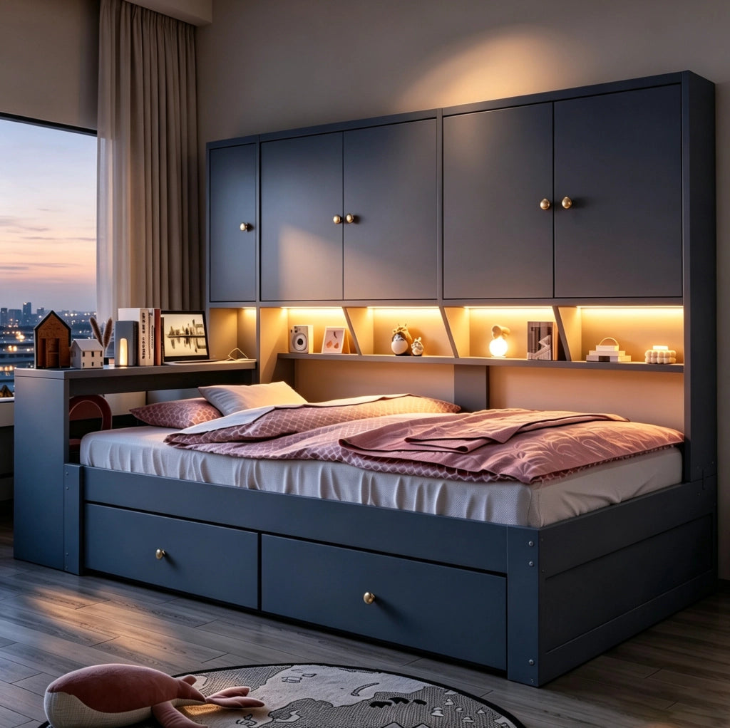 Letto 90x200 cm con scrivania, LED, prese e cassetti in compensato e MDF grigio