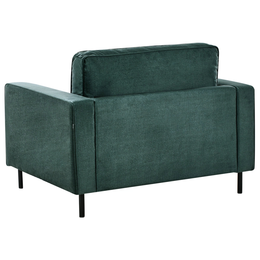 Poltrona in velluto verde scuro con cuscini e gambe in metallo stile moderno minimalista