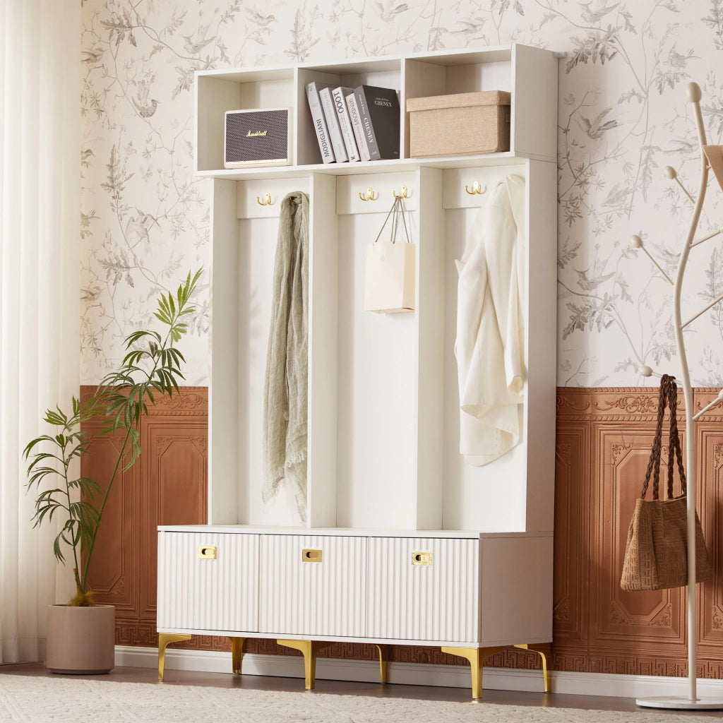 Set Ingresso con Panca e Appendiabiti ¨C MINIMAL ¨C Bianco, Ganci, 120x40x191.5 cm