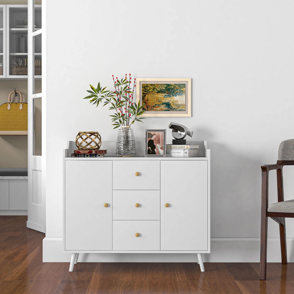 Credenza Moderna in Legno con 3 Cassetti e 2 Armadietti a 2 Livelli, 90x32x80 cm, Bianco