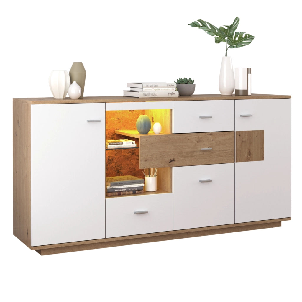 OKWISH Credenza Contenitore con 2 Ante e 4 Cassetti, Ripiani Regolabili e LED, per Soggiorno, MDF, 160 x 40 x 77 cm