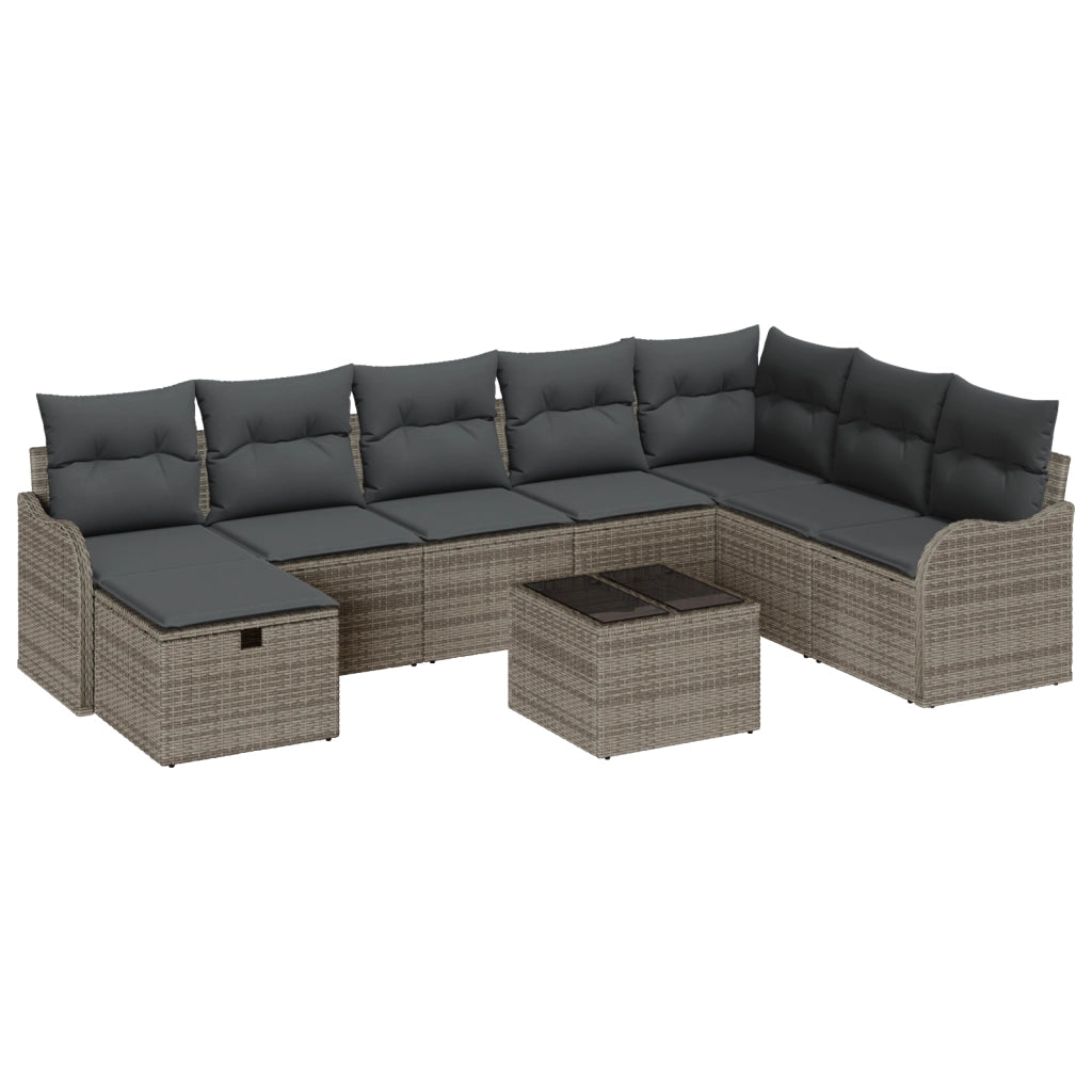 Set Divano da Giardino da 9 Pezzi con Cuscini in Polyrattan Grigio