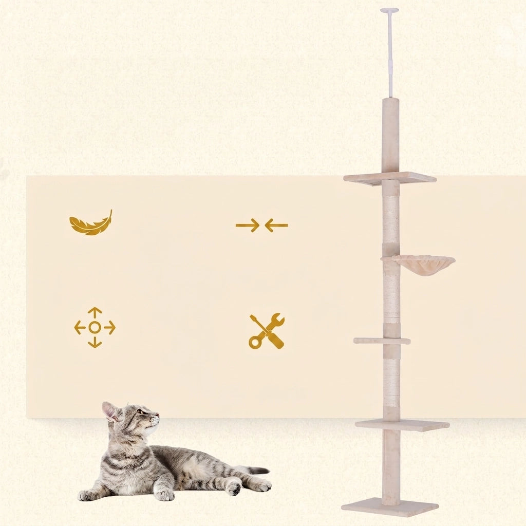 Tiragraffi per Gatti a Soffitto Beige; Struttura a 5 Livelli; Altezza 230-260 cm