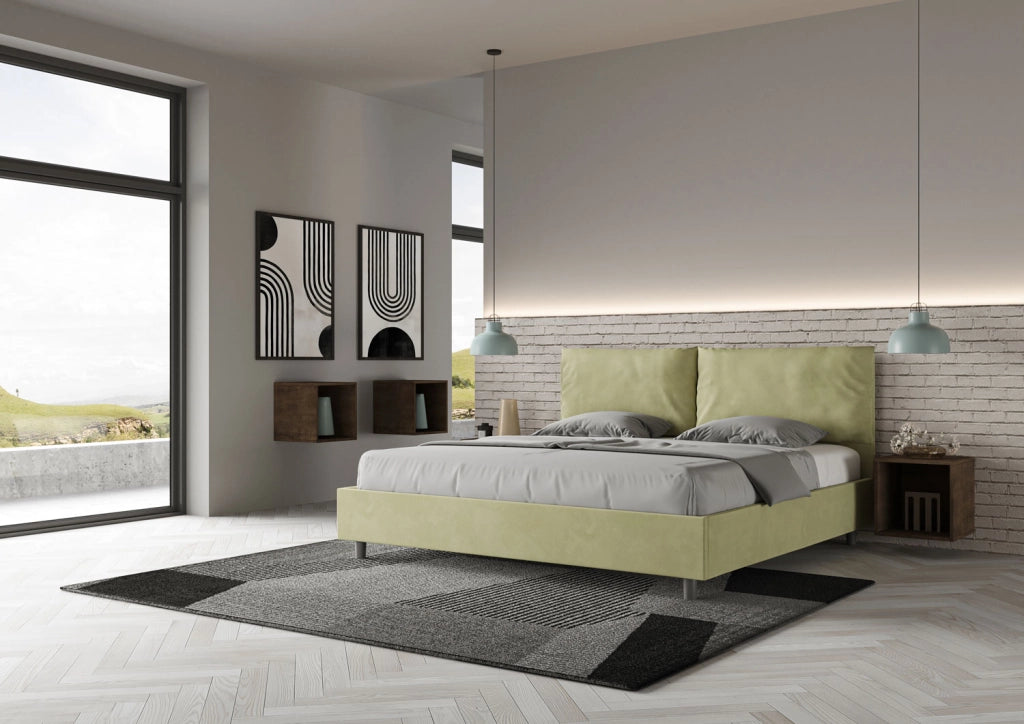 Letto Matrimoniale King Size 200x210 cm con Rete Imbottito in Microfibra Antea Large Tè Verde