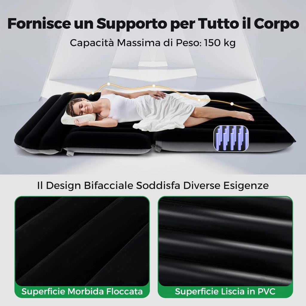 Materasso Gonfiabile per Auto, Letto ad Aria con Pompa Elettrica e Sacca per il Trasporto, Materassino per Campeggio, Picnic e Viaggio su Strada, Portata 150 kg, 190 x 130 cm (Nero)