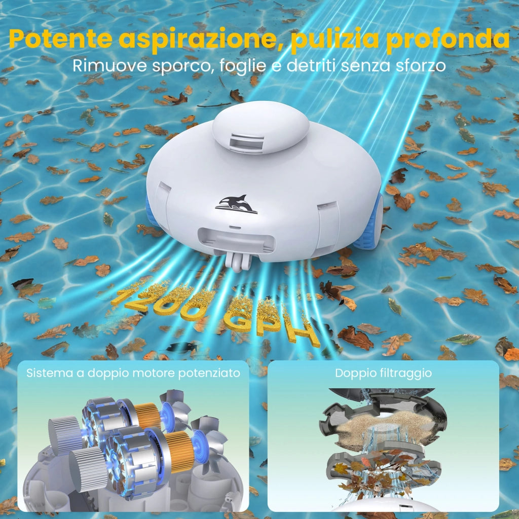 Robot pulitore per piscine, autonomia di 120 minuti, in grado di arrampicarsi sulle pareti della piscina, potente aspirazione, parcheggio automatico.