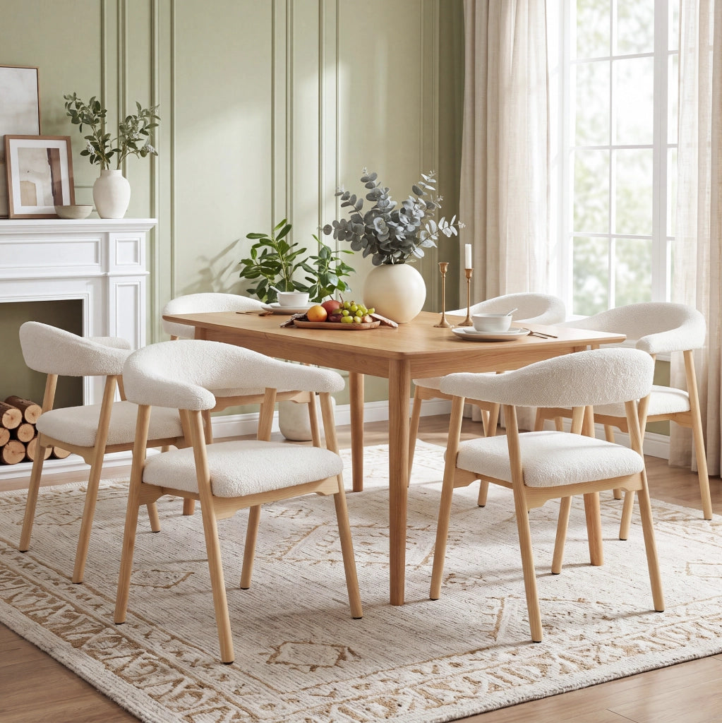 Set di 4 sedie da pranzo 60.5x57.0x79.5 cm con schienale ergonomico a C; legno e bouclé; naturale