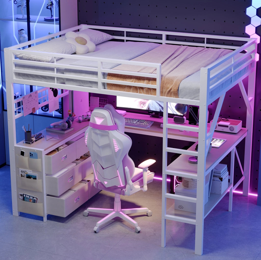 Letto a soppalco 140x200 cm con scrivania; cassetti e LED bianco HOMVRA