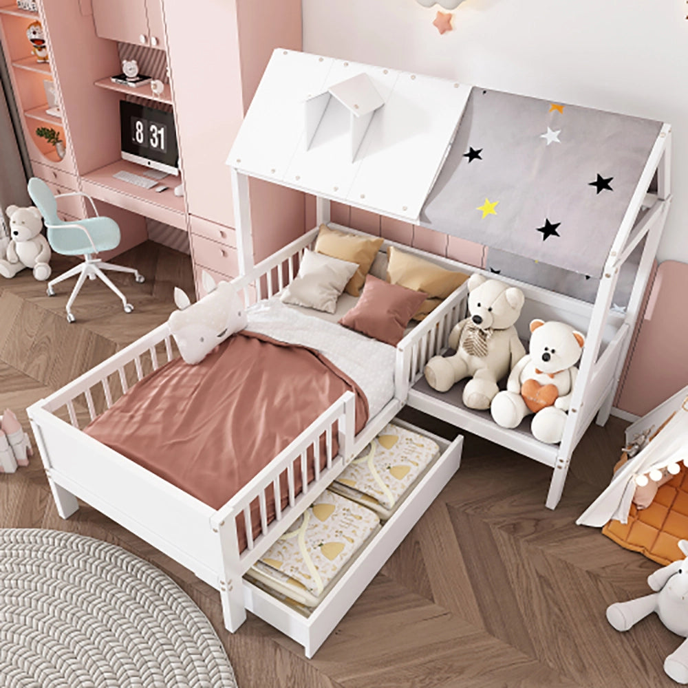 Lit a forma di casa per bambini - Xylo - 90x200 cm - Legno - Bianco - Con tenda e cassetti