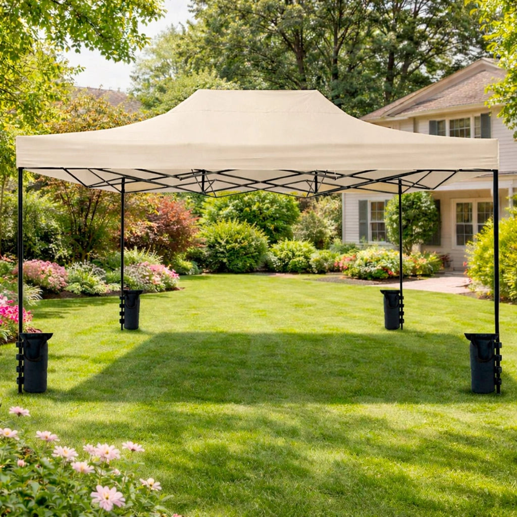 Gazebo Professionale In Acciaio Richiudibile Automatico Con Telo Oxford 1200D PVC Impermeabile E Anti UV Struttura A Fisarmonica Completo Di Sacche Zavorra E Borsa Trasporto Per Sagre Feste Eventi 3x4.5 M Beige