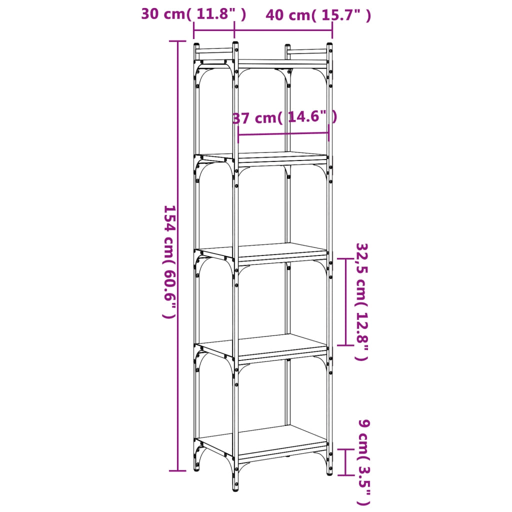Libreria 5 Ripiani-Scaffale per Libri-Mobile di Stoccaggio Grigio Sonoma 40x30x154cm Legno Multistrato