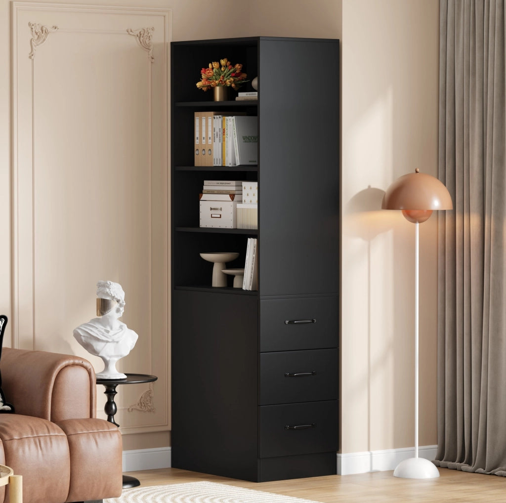 Libreria stretta da 180 cm con 3 cassetti laterali; 60x38x180 cm; nero; in truciolare