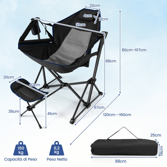 Sedia da campeggio per esterni con schienale e poggiapiedi regolabili, Sedia da campeggio per spiaggia Nero-Tavoli e sedie da campeggio