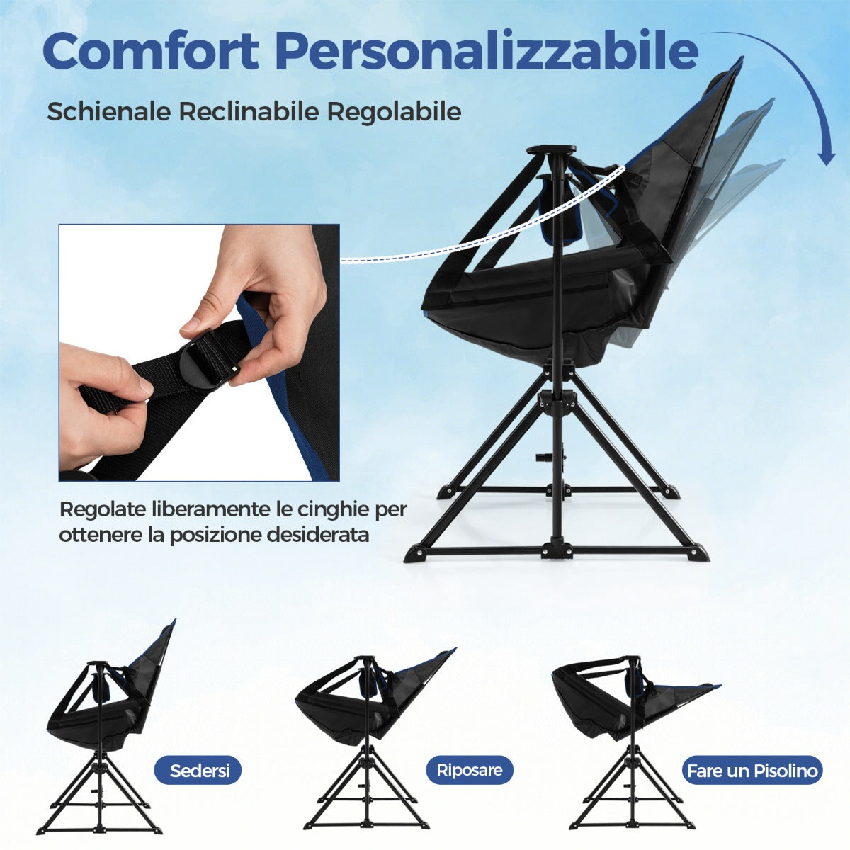 Sedia da campeggio per esterni con schienale e poggiapiedi regolabili, Sedia da campeggio per spiaggia Nero-Tavoli e sedie da campeggio