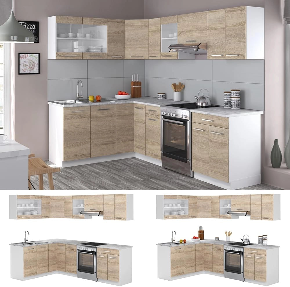 Cucina ad angolo Rick, Bianco/Sonoma, 250 x 60 cm, PL Marmo, espandibile e combinabile in modo flessibile con elementi modulari