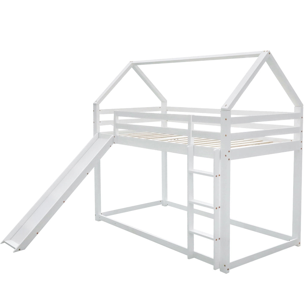 Letto a castello a forma di casa con scivolo e scala, bianco, 90 x 200 cm