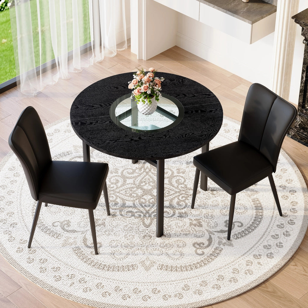 Tavolo da pranzo rotondo con 2 sedie, piano in MDF e vetro, stile minimalista, per soggiorno, nero, diametro 100 cm