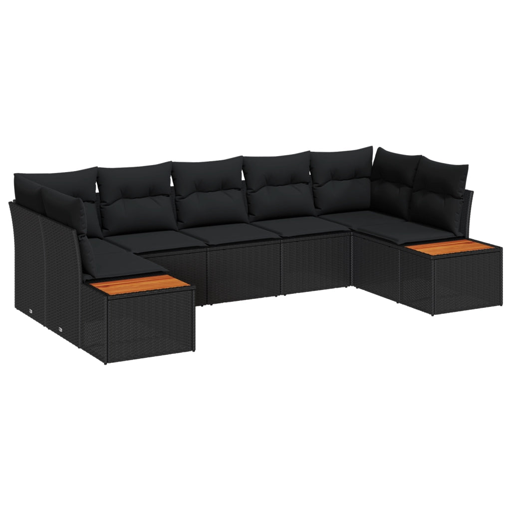 Set di Divani da Giardino 7 Pezzi con Cuscini Nero Polyrattan Acacia