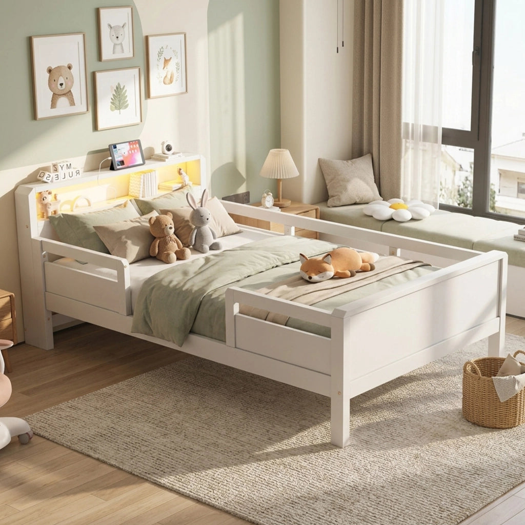 DESMIU Letto per bambini 1 posto con sponde, USB, Type-C e lampada LED 90 × 200 cm, senza materasso, legno bianco