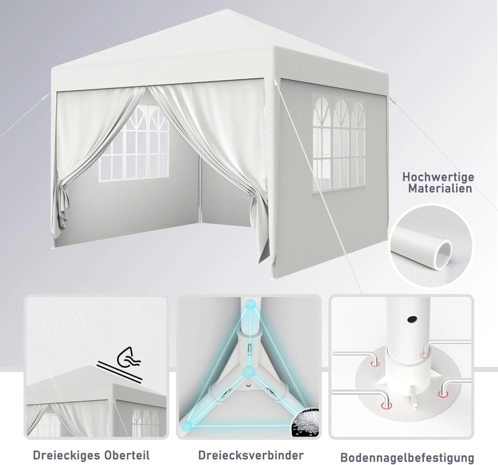 Gazebo Esterno Resistente da Giardino 3 x 3 m con Pannelli Laterali e Finestre in Poliestere Gazebi Tendone per Feste Protezione UV Impermeabile Tenda per Esterni, Bianco