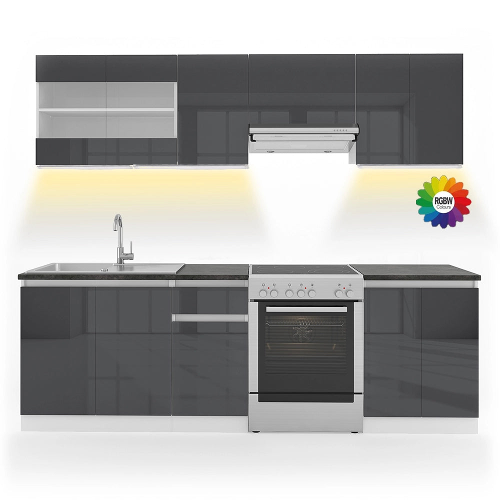 Mobile da cucina Raul Antracite lucido/Bianco 240 cm, AP Nero con striscia LED Vicco