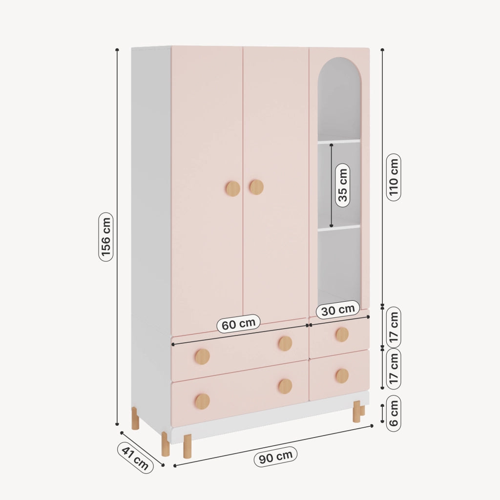 Armadio per Cameretta Vaarentaa a 2 Ante con 4 Cassetti e 3 Vani Aperti 156x90x41 cm - Bianco/Rosa [en.casa]