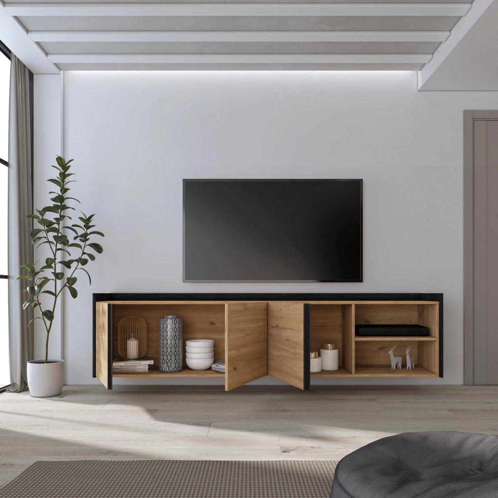 Mobile TV Soggiorno, 207x50x35 cm, Per TV fino a 80", Sospeso, da appendere, Rovere e nero