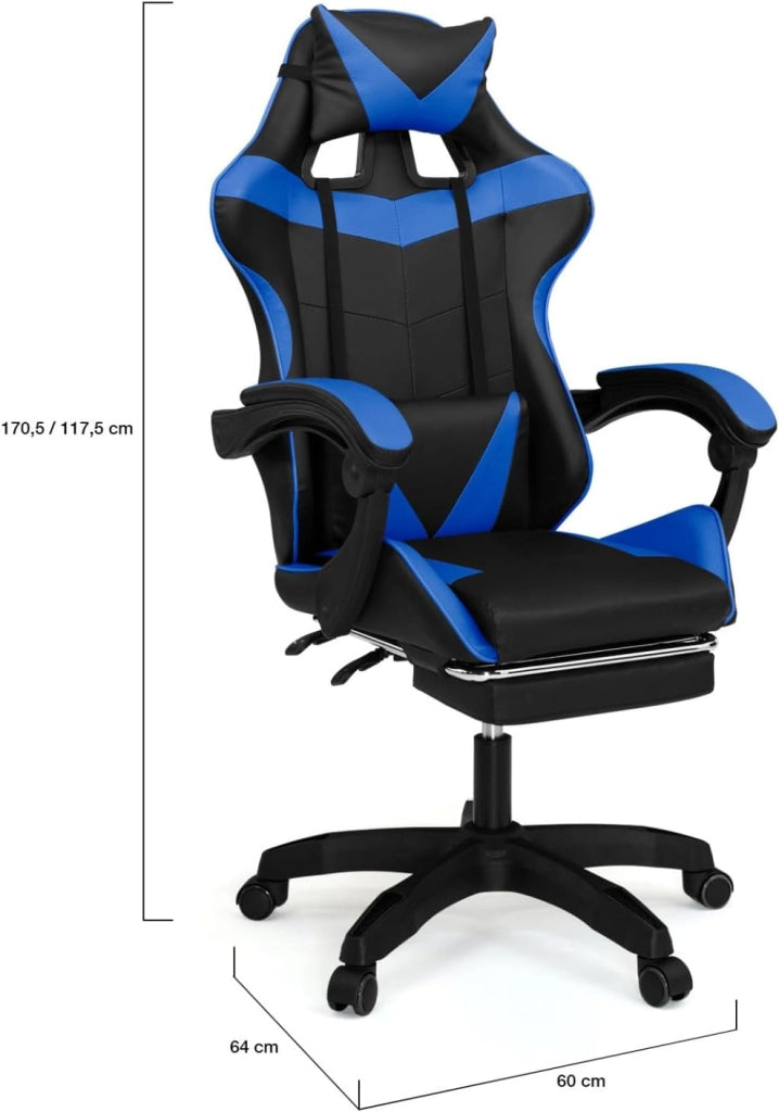 Sedia da gioco ALEX regolabile con poggiapiedi, cuscino per la testa e cuscino lombare in nero e blu