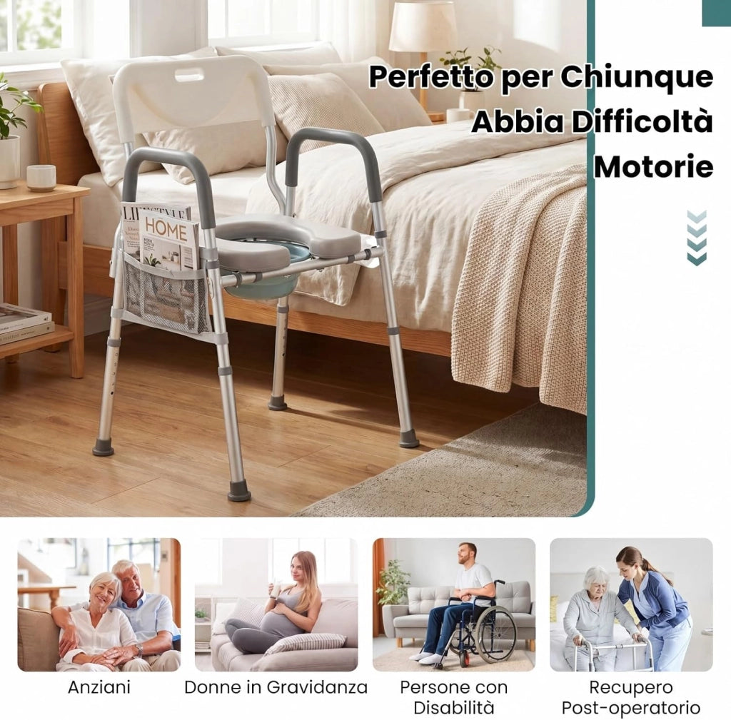 Ringhiera di Sicurezza per WC portata 136 kg, Barra Bagno in Alluminio con Altezza Regolabile 49-59 cm, Maniglie Antiscivolo e Schienale Rimovibile, Sedile WC per Anziani e Donne Incinte