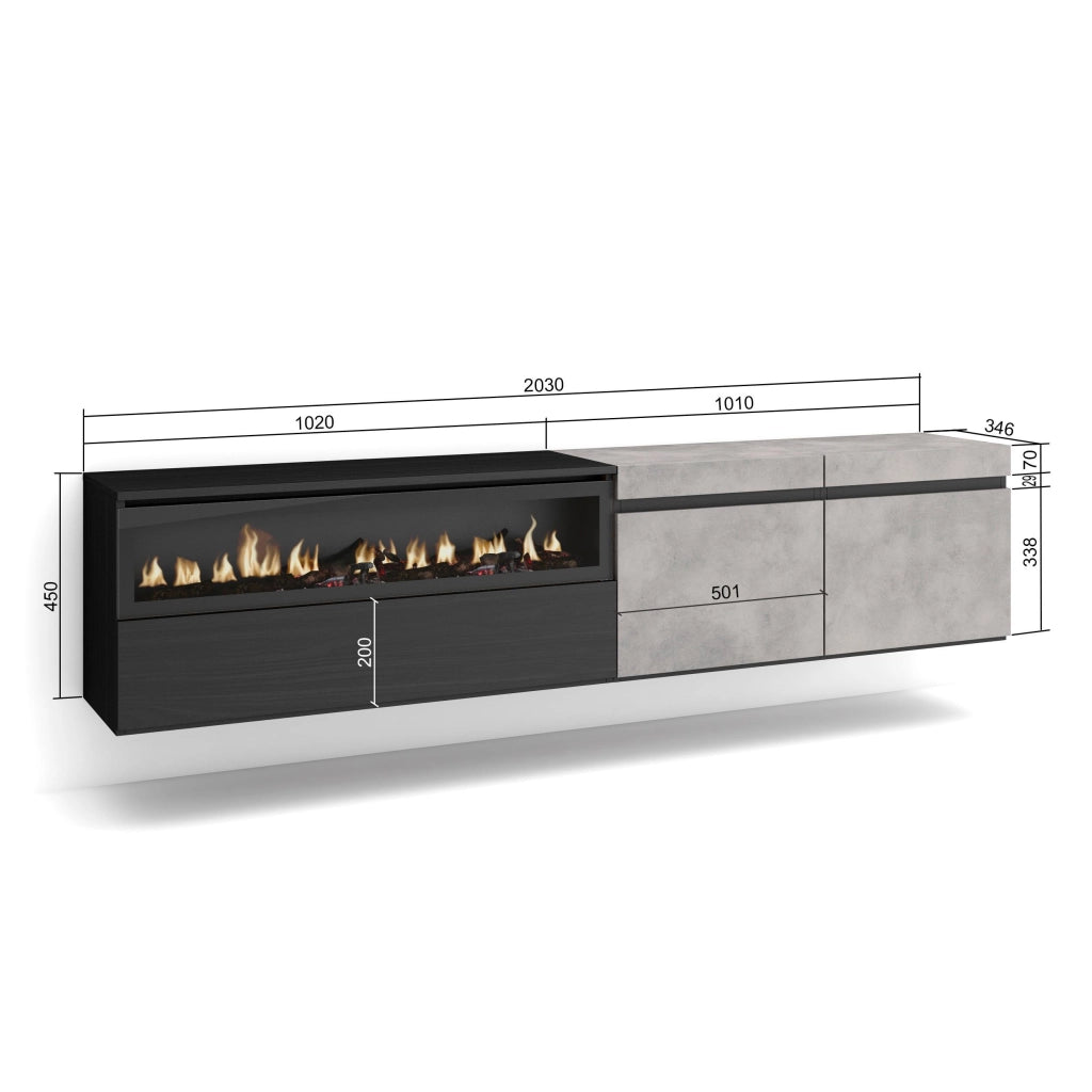 Mobile TV, 200x35x45cm, soggiorno, Per TV fino a 80", Camino elettrico, da appendere, grigio cemento RF2237
