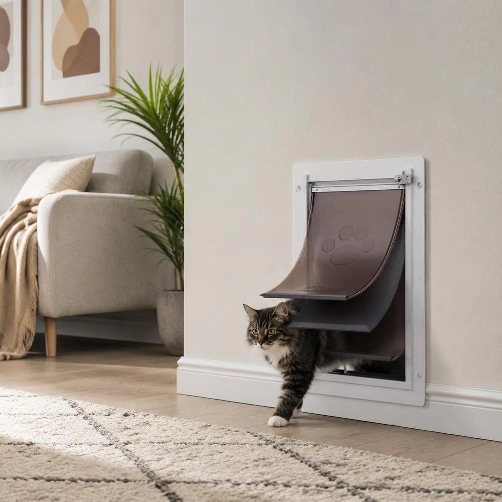 Pet Door/dog Door, Metal Frame With Lock And 3-flap System, 362 X 536 Mm, Weatherproof, Suitable For Cats, Dogs, And Kittens (White-L), Easy Installation