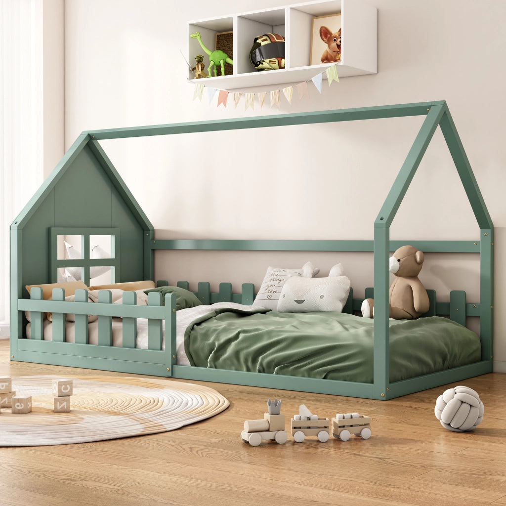 Letto a Casetta Letto Singolo 90 x 200 cm; Struttura per Bambini in Pino e MDF; Senza Materasso; Verde