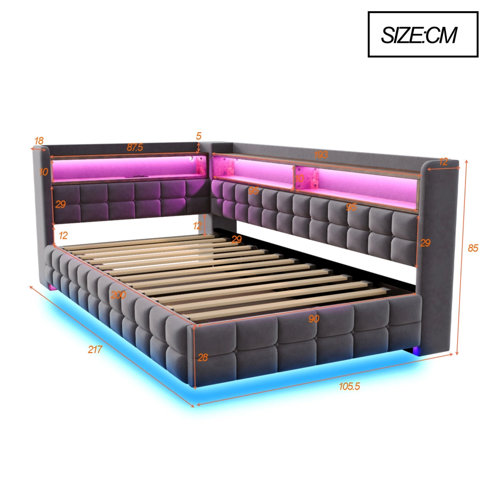 Letto contenitore singolo 90×200 cm con USB; Type-C; LED e ripiani; senza materasso; velluto; grigio