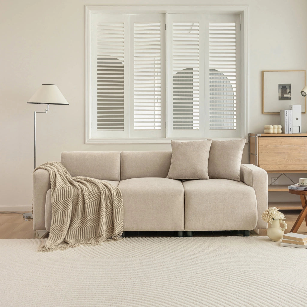 OKWISH Divano Lineare 3 Posti, Seduta Ampia con Schienale Alto e 2 Cuscini, Ciniglia Beige, 211 x 67 x 71 cm