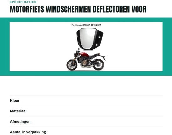 Parasole per motocicletta Robusto - Adatto per CB650R 2019-2023 - Costruito in altoforno di alluminio - Installazione semplice - Materiale duraturo - Per parabrezza