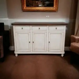 Credenza base napoletana in legno Shabby chic 3 ante bicolore bianco anticato e noce scuro