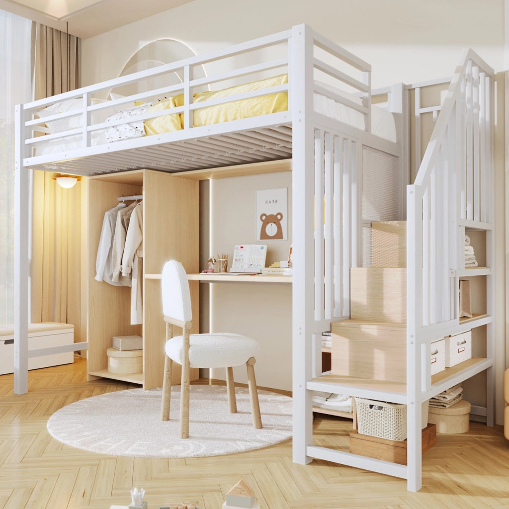 Letto a Soppalco con Scrivania, Armadio e Contenitore ¨C MINIMAL ¨C Bianco 90x200