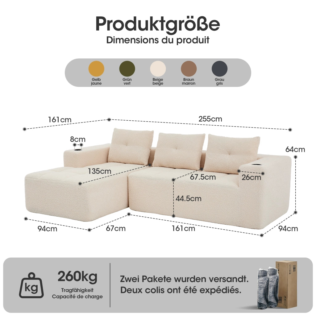 Divano angolare 258 cm con portabicchieri e seduta profonda in poliestere beige per soggiorni piccoli e uffici