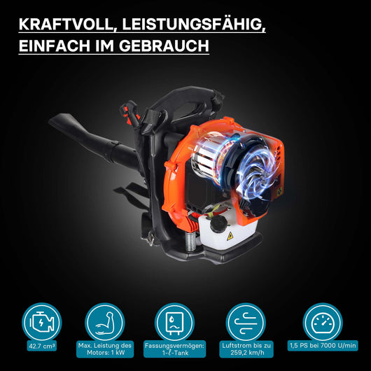 Soffiatore foglie a spalla, motore a benzina 2 tempi, 1,7 CV, ergonomico con tubo regolabile